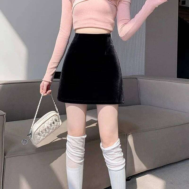 Casual A Line Velvet Mini Skirts Women 2025 Korean Fashion Y2k Clothes Slim Faldas High Waist Harajuku Shorts Black Micro Skirt Z260314