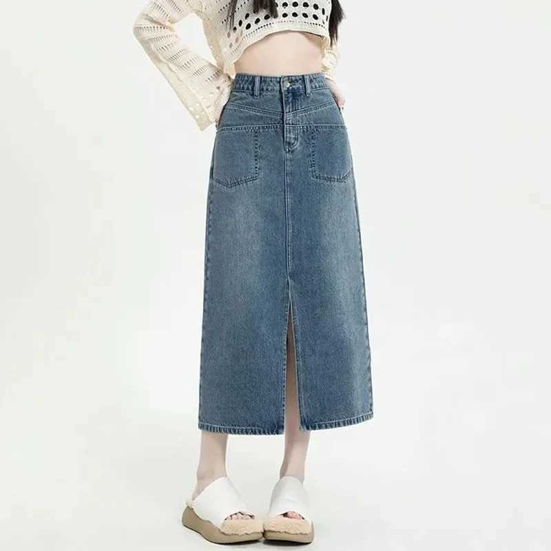 Summer Female Chic Blue High Waist Skirt Hot Sale Lady Ins Fashion A-line Slit Jeans Skirts s Korean Casual Denim Dress M260314