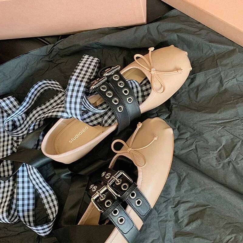 Designer Cross-tied Mary Jane Women Belt Buckle Dress Shoes Leisure Comfort Footwear Bowknot Soft Sole Ballet Flats Female