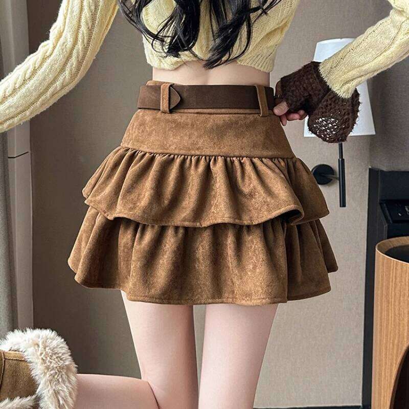 Seoulish High Waist Vintage Velvet Women's Cake Short Skirts with Belted 2025 New Autumn Winter Ruffles A-line Mini Skirt Female Z260314