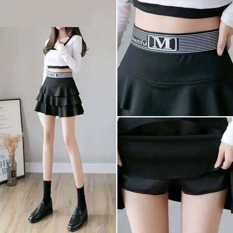 Kawaii Women's Cake Harajuku Summer Winter High Slim Unkempt Black Elastic Waist Anti-glowing Lining Mini Skirt Sexy Z260314