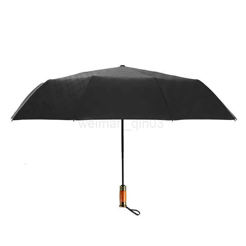 Triple fold fully automatic 10 bone grid pattern umbrella automatic wooden handle wind resistant and sunny umbrella H260314