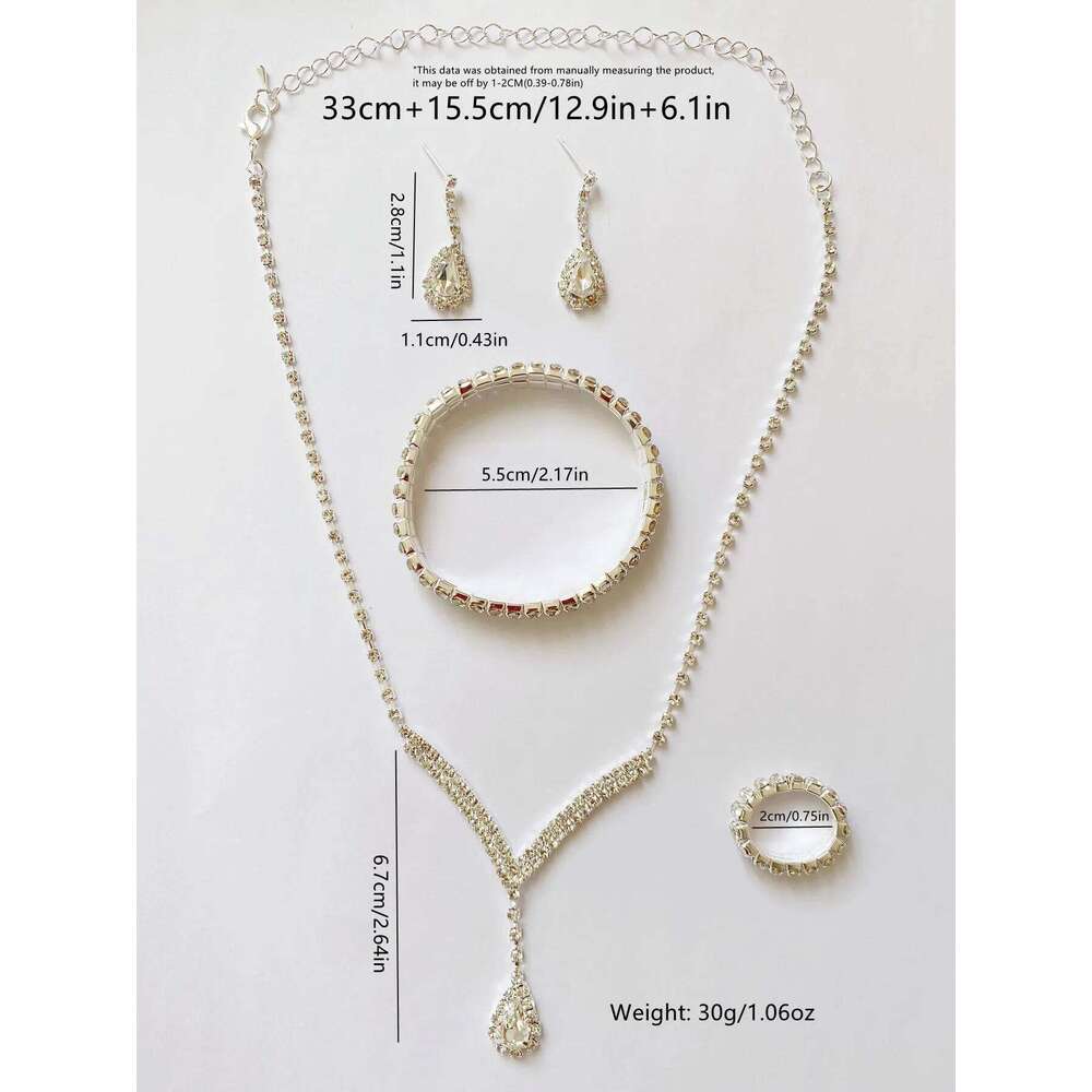 Luxurious 5pcs Silver Color Water Drop Crystal Earrings Necklace Bracelet Ring Jewelry Set for Women Wedding Party Holiday Wear Z260313