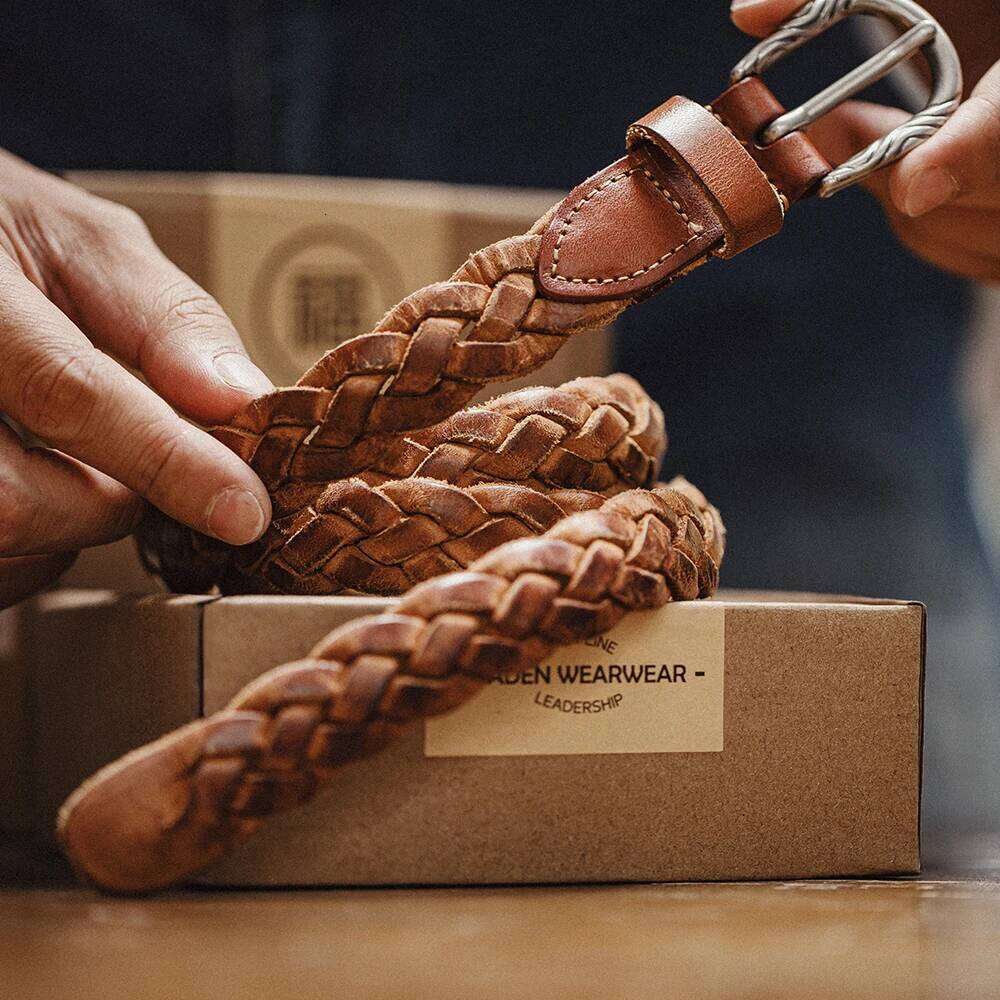 Maden Vintage Woven Two-Layer Vegetable Tanned Cowhide Belt for Men's Versatile Brown Accessory Z260226