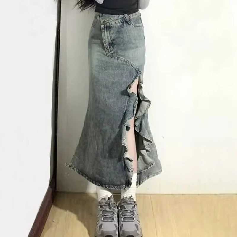 Spring And Summer Korean Retro Women Denim Skirt Fashion Design Irregular Wave Slit High Waist Fishtail Skirt Mid Length Skirt M260314