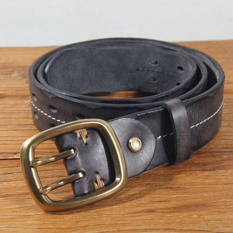 Vintage Men's 3.8cm Wide Breasted 100% Cowhide Double Prong Buckle Handmade Heavy Duty Fashion Jeans Belt Brown Z260226