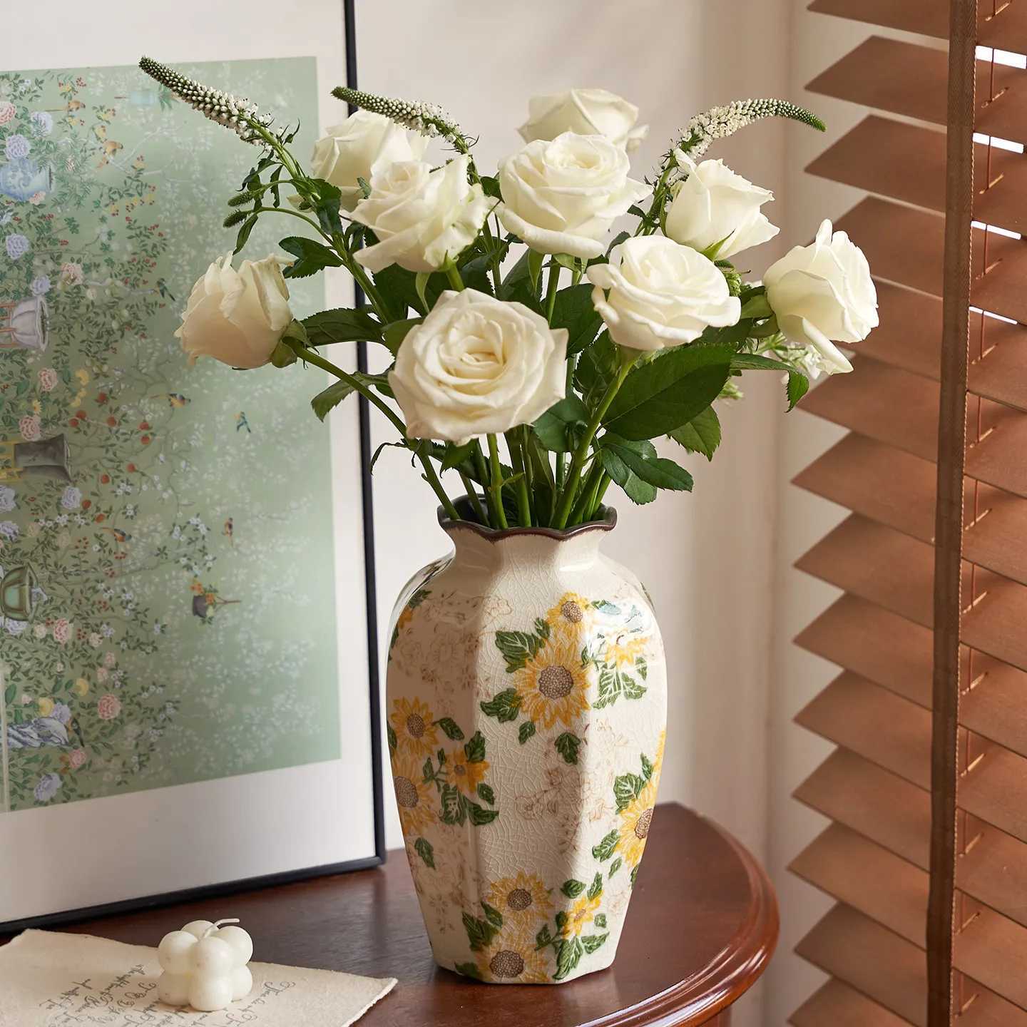 Vintage Sunflower Ceramic Vases Crackle Glaze Flower star anise flower arrangement Vases for Home Office Bedroom Aesthetic Decor Y260314