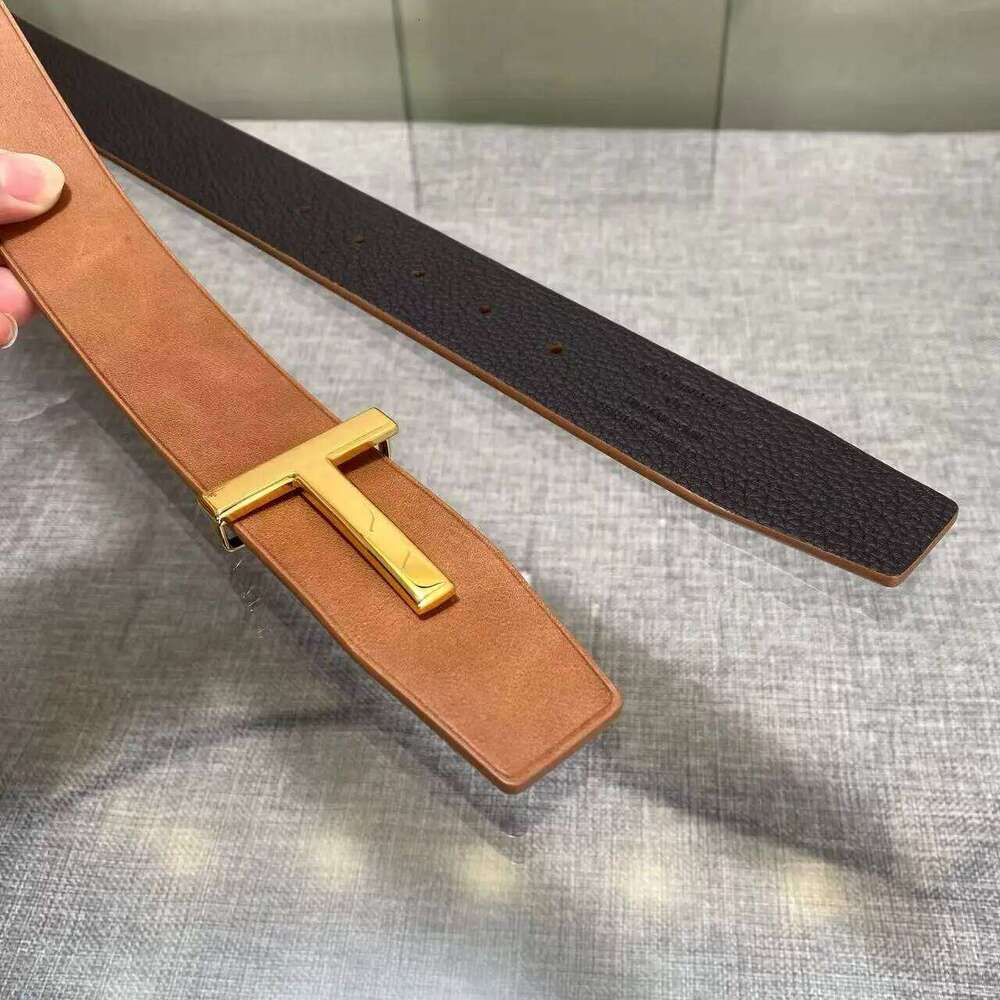 Double-Sided with Letter Buckle T-Shaped Fashionable Genuine Leather Stylish Men's Belt Workwear Z260226