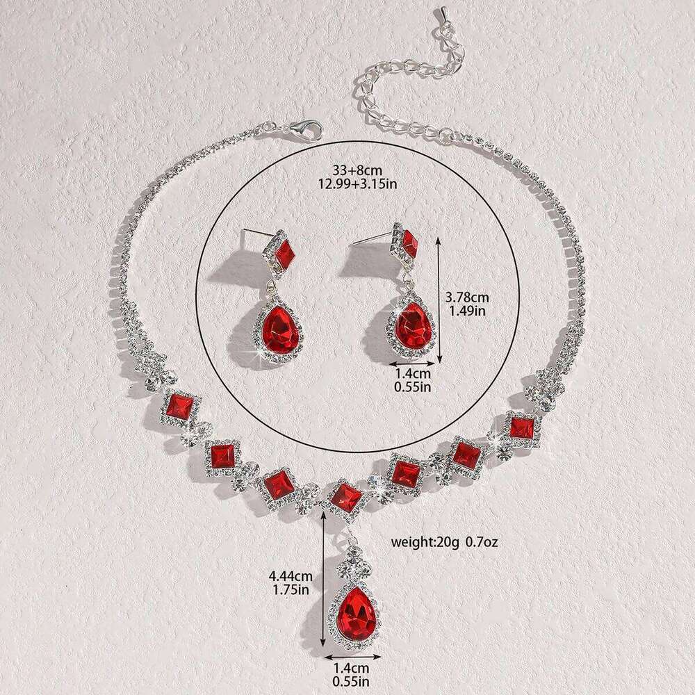Red Crystal Choker Necklace Earrings Set Teardrop Pendant Silver-Plated Jewelry for Wedding Evening Party Prom Bridal Gift Z260313