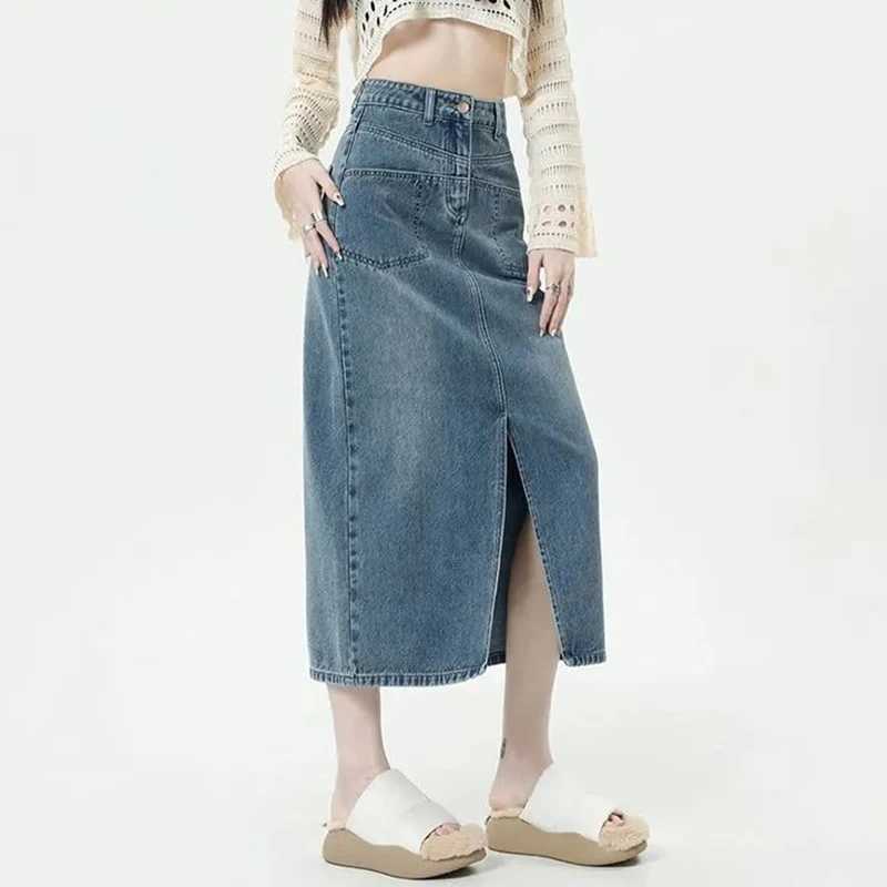 Summer Female Chic Blue High Waist Skirt Hot Sale Lady Ins Fashion A-line Slit Jeans Skirts s Korean Casual Denim Dress M260314