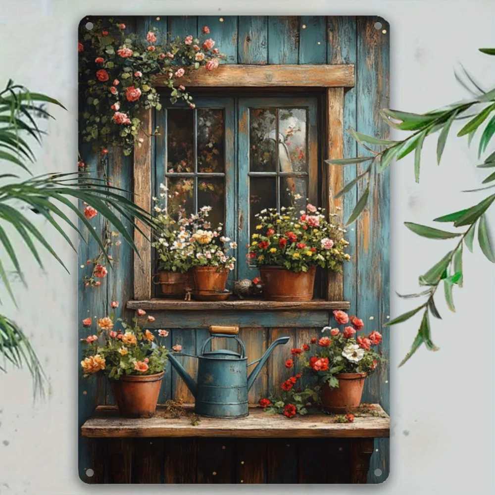Vintage Farmhouse Window Plant Metal Wall Art Rustic Garden Tin Sign for Patio Balcony or Cafe Decor 8x12 Inch Plaque D260314