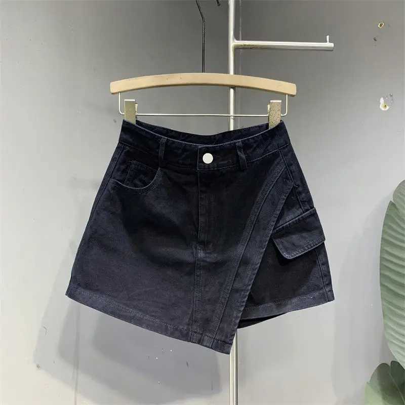Retro American Korean Style Denim Shorts Womens Tight Fit Summer Design Pocket Elastic Slimming Skirt Pants High Waist M260314
