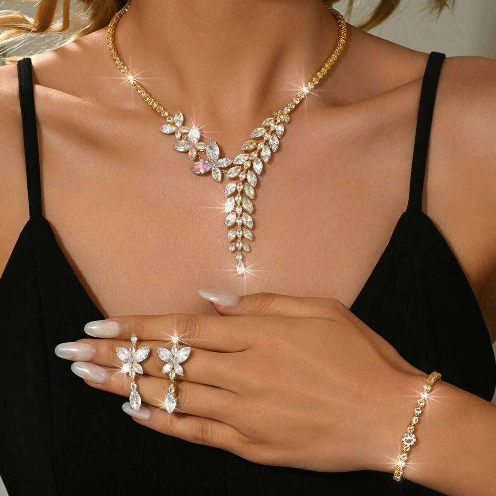 Luxurious and atmospheric wheat ear flower shaped ring bracelet earring necklace four piece set with accessories Z260313