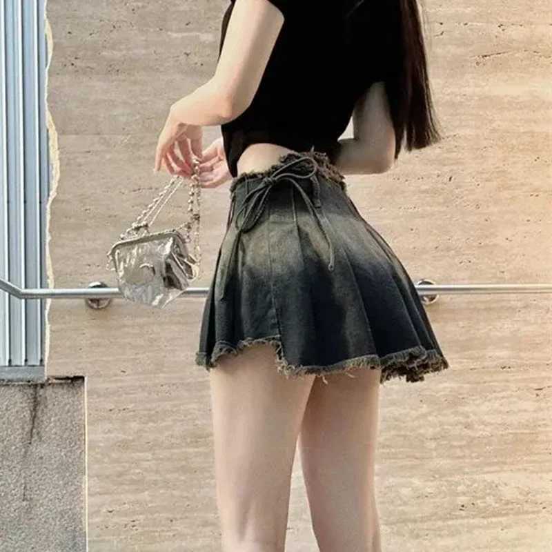 Pleated Skirts Women Slim Gothic Summer Y2k Denim Clothing School s Mini Vintage Ins Fashion All-match Faldas Tassel Design M260314