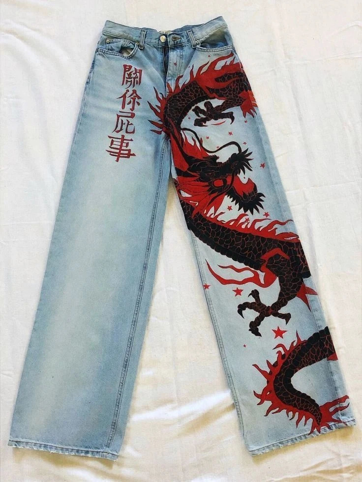 Harajuku Punk Japanese Jeans Mens Dragon Snake High Quality Jeans Gothic Retro Hip Hop Street Denim Fabric Wide Leg Pants 260311