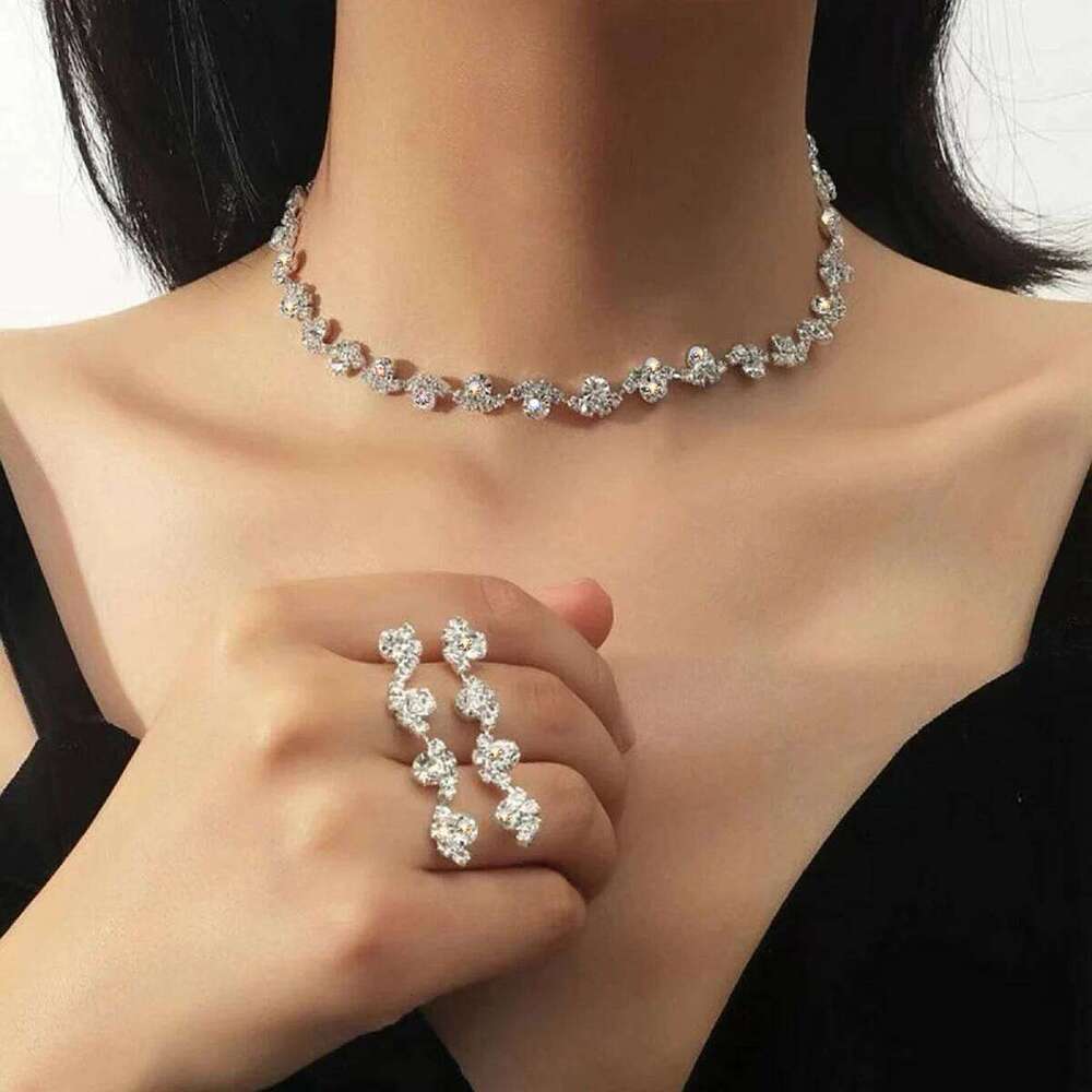 3pcs Rhinestone Flower Decor Necklace & Drop Earrings Jewelry Set Wedding Series Dating Accessories Z260313