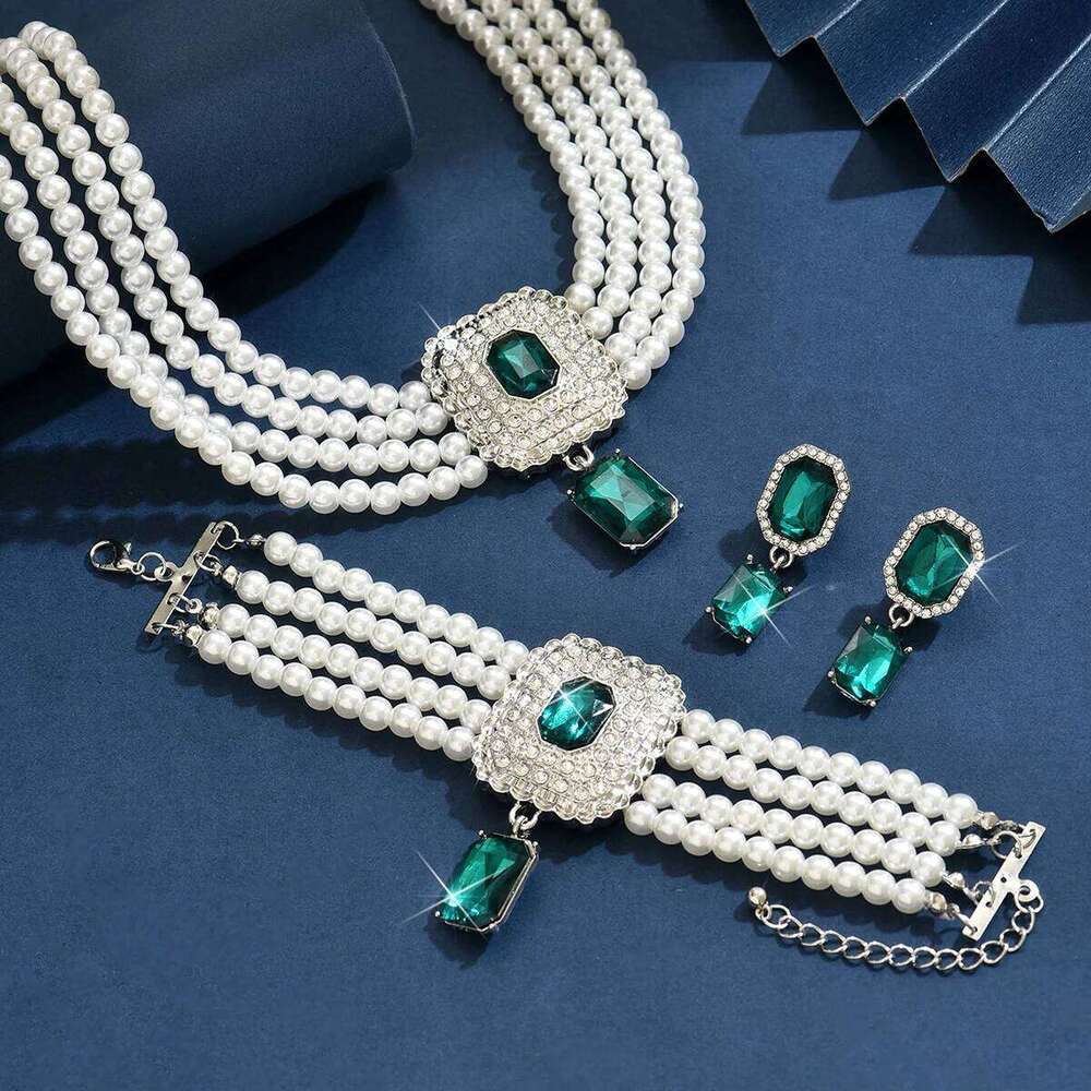 Pearl Emerald Set Multi-Strand Necklace Bracelet Earrings for Women Party Evening Statement Jewelry Z260313