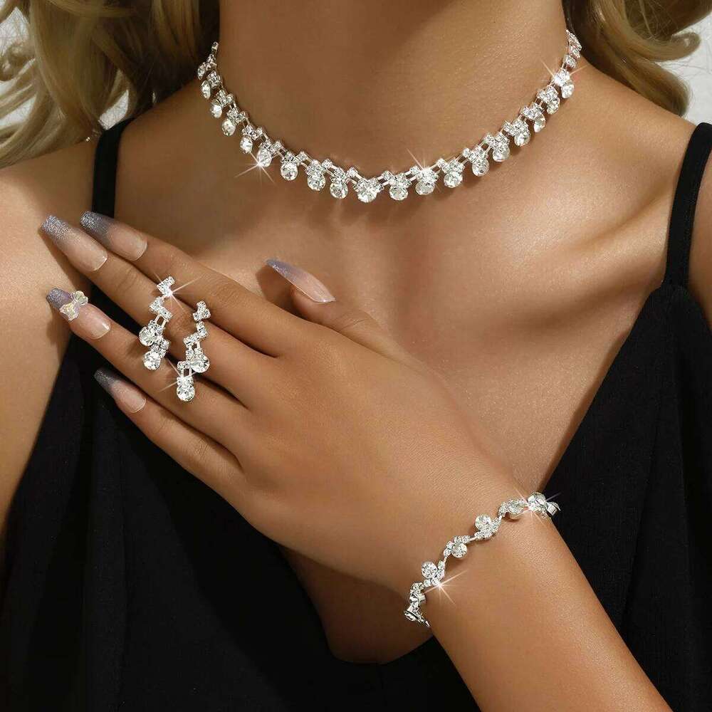 4/3PC women's fashionable rhinestone geometric circular necklace, earrings, bracelet set, simple and high-end jewelry se Z260313