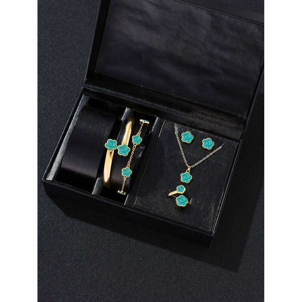 5pcs Lucky Five-petal Women's Jewelry Set, Fashion Flower Necklace Earrings Bracelet + Ring, Birthday, Ann Z260313