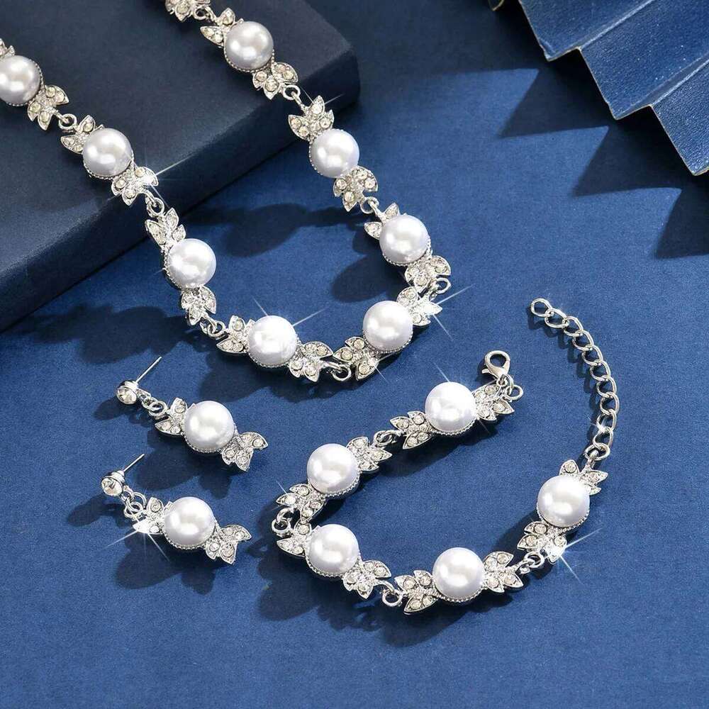 Faux Pearl & Crystal Jewelry Set Necklace+Bracelet+Earrings Silver-Tone for Women Party Wedding Accessories Product Descriptio Z260313