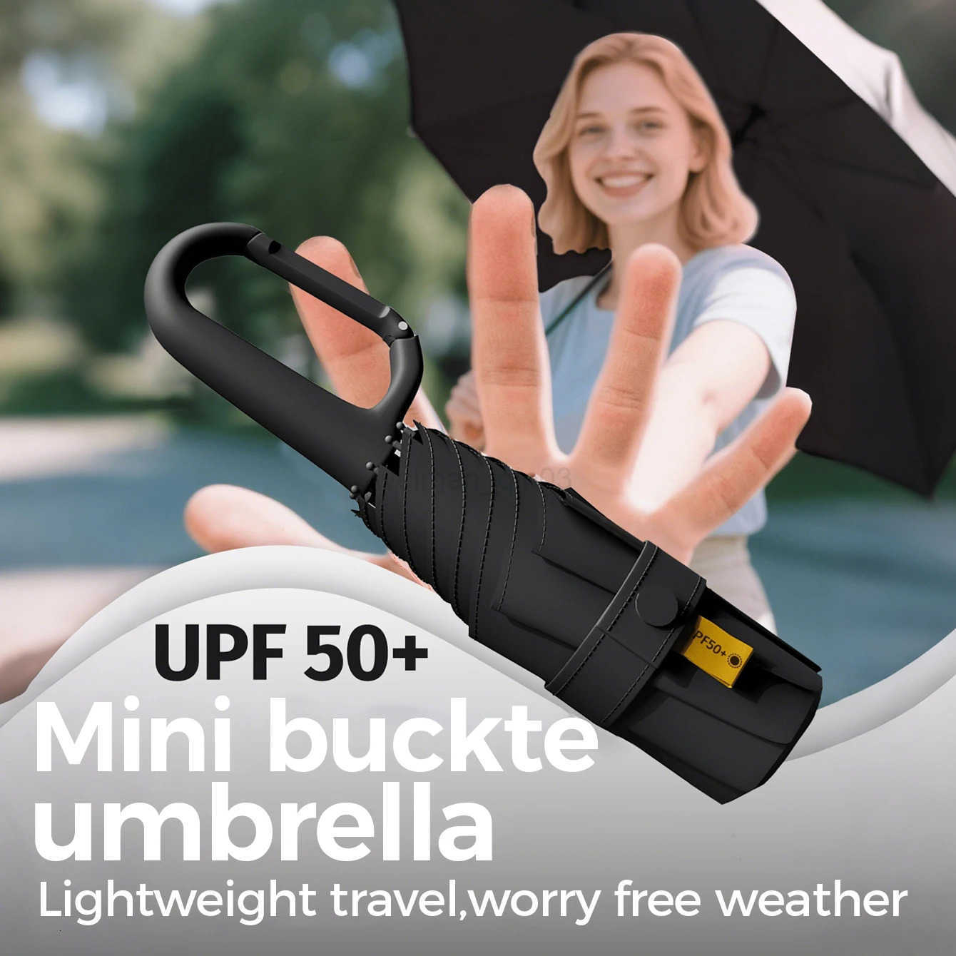 Portable buckle handle mini umbrella folding umbrella with five fold full blackout black rubber sunscreen umbrella UV resistant H260314
