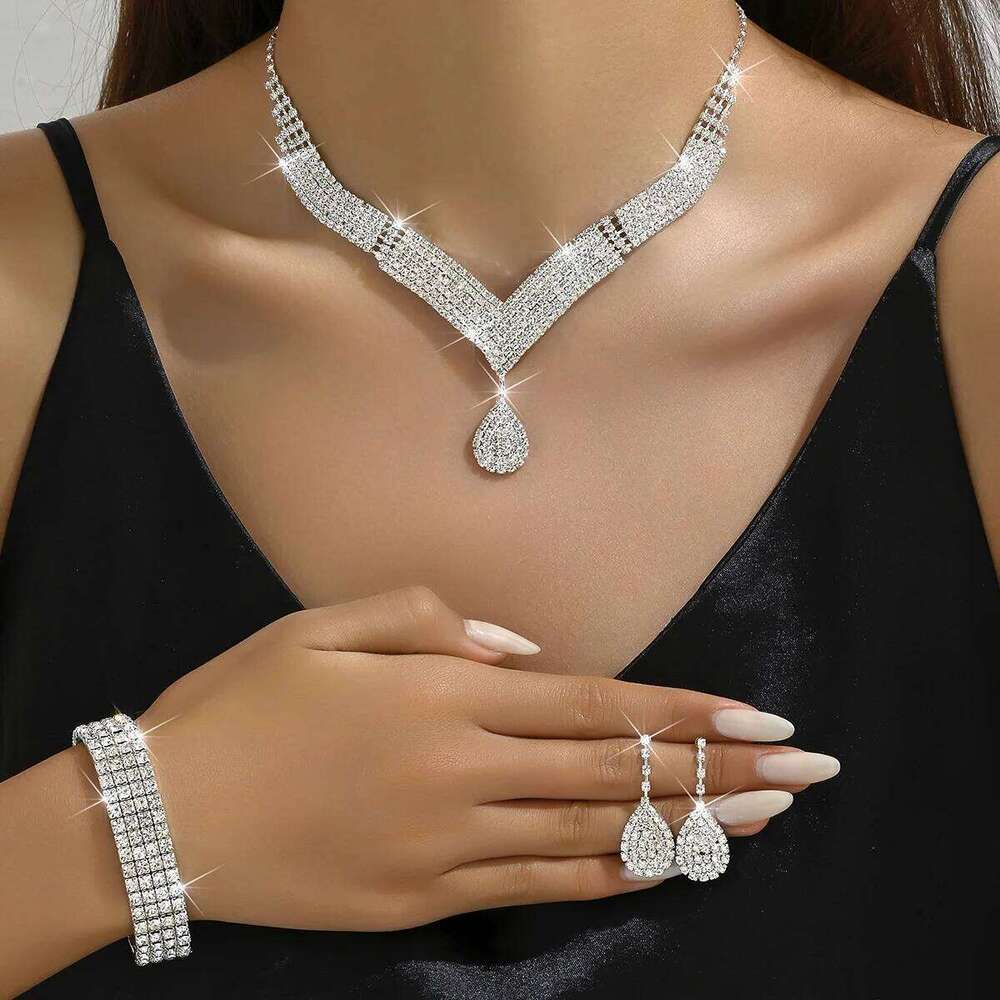 4PC Copper Claw Chain with Full Diamond Earrings, Necklace, Bracelet, Jewelry Set, Women's Wedding Banquet, Festival Gift -9174 Z260313