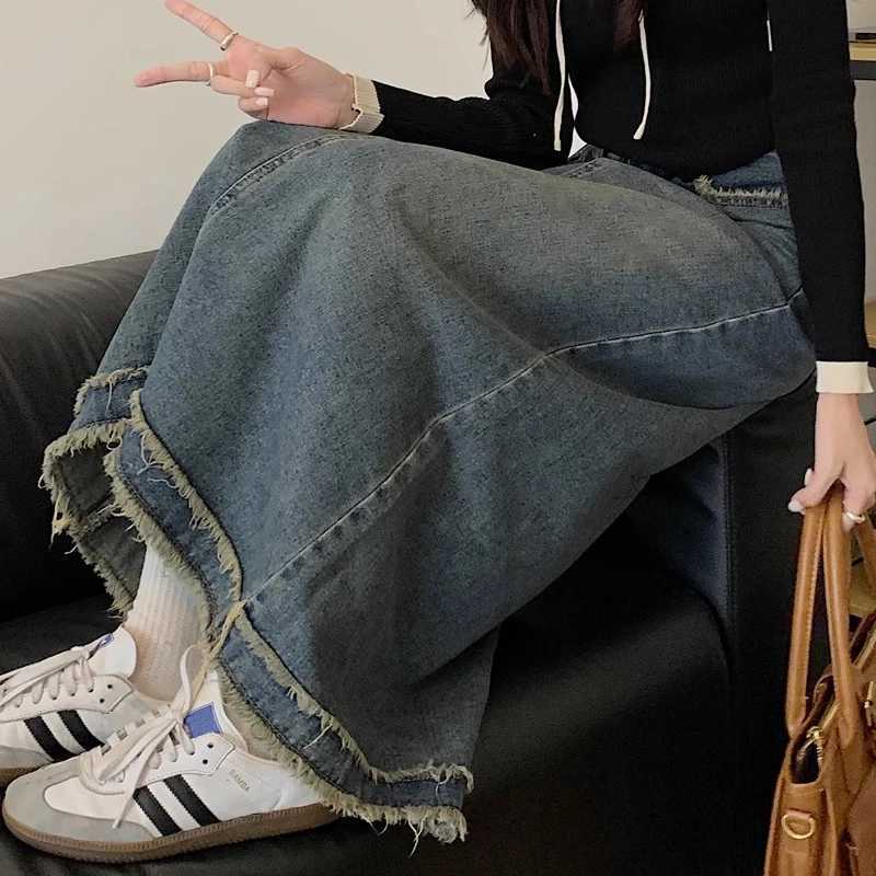 Women New Vintage High Waist A Line Skirts s Gothic High Street Denim Dress Female Fashion Retro Blue Grey Jeans Skirts M260314