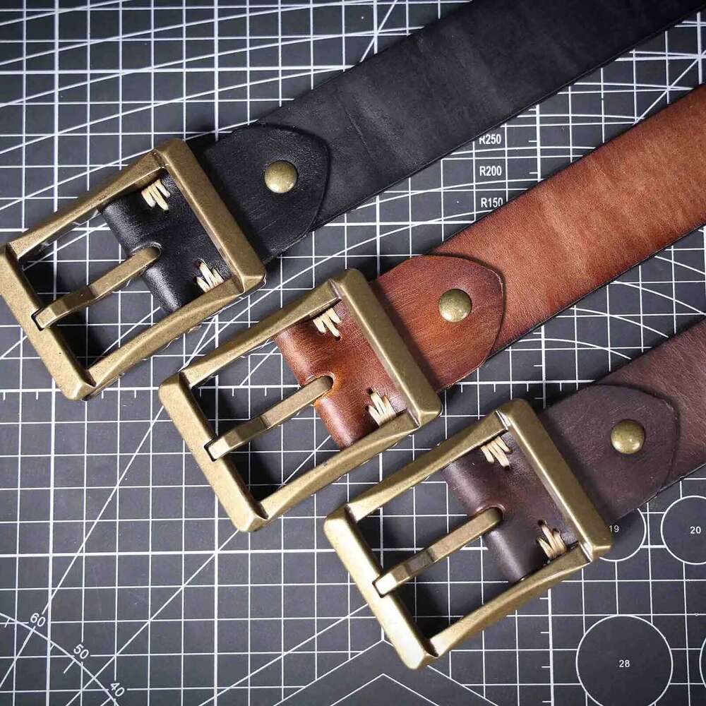 Vintage Genuine Leather Men's Solid Brass Buckle, Casual Pin Buckle Belt With Gift Box, Thickened Italian Cowhide Z260226