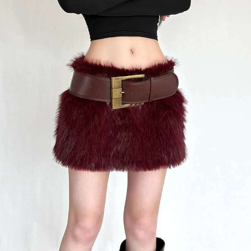 Winter Fashion High Waist Furry for Spicy Girl Stylish Slim Short Bodycon Skirt with Belt Women's Chic Burgundy Skirts Z260314