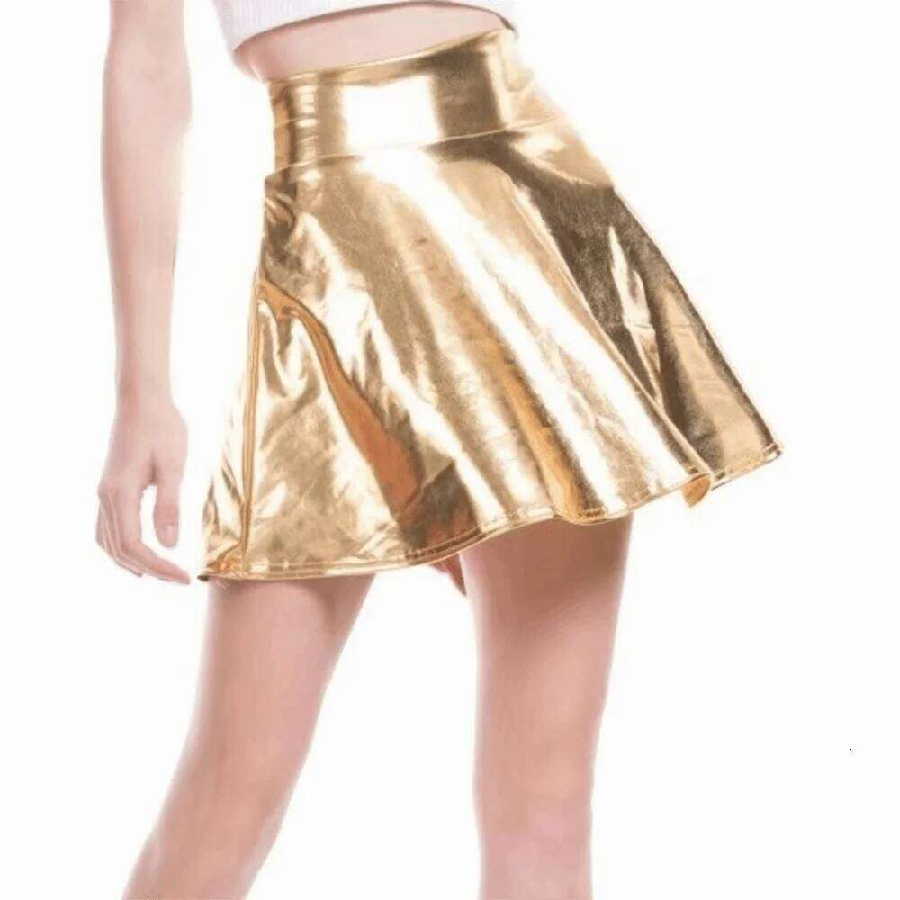 Elegant Metallic Pleated Retro Gold Silver A-line Skirt Solid Color Elastic Shiny Short Dress Festival Outfit Z260314