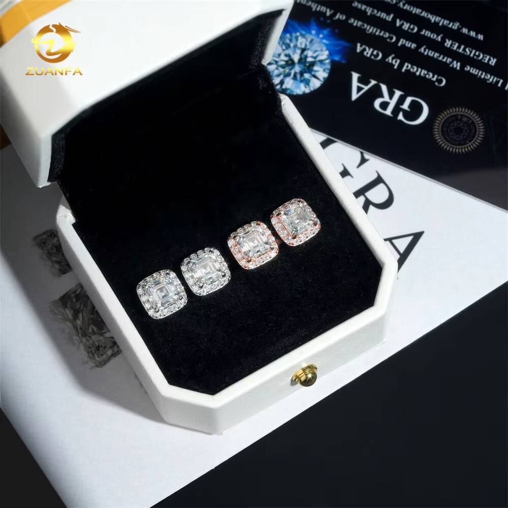 Ready to Ship Hip Hop Earring 925 Silver Asscher Cut 15ct Halo Men VVS Moissanite Earrings
