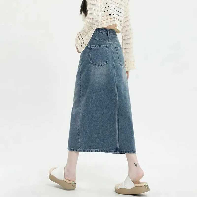Summer Female Chic Blue High Waist Skirt Hot Sale Lady Ins Fashion A-line Slit Jeans Skirts s Korean Casual Denim Dress M260314