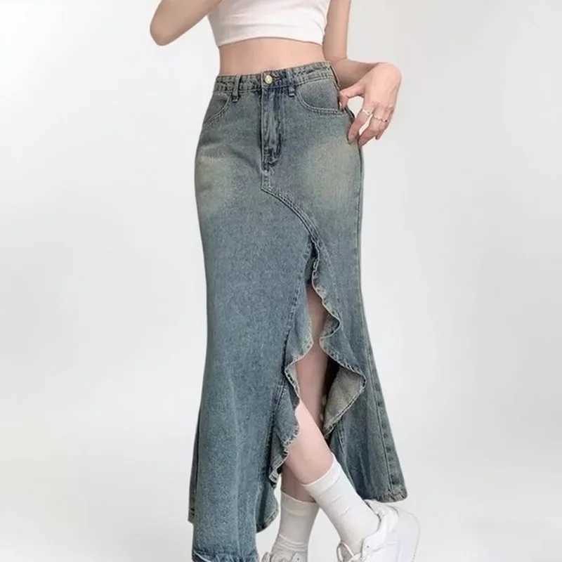 Spring And Summer Korean Retro Women Denim Skirt Fashion Design Irregular Wave Slit High Waist Fishtail Skirt Mid Length Skirt M260314