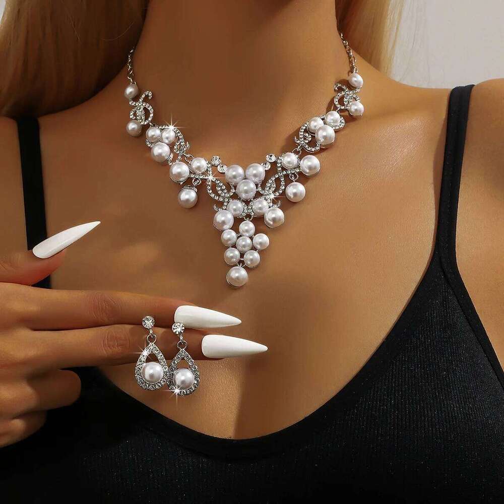 3pcs women's jewelry set, alloy water droplet shaped flower pearl necklace earrings, bride's wedding accessories Z260313