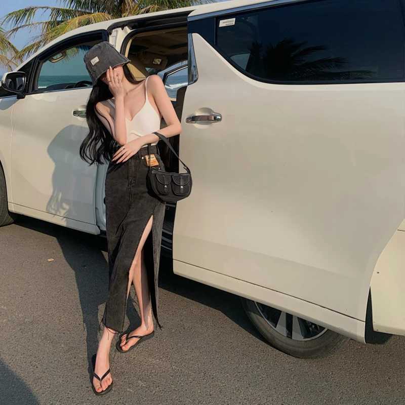 Sexy A-Line Denim Skirt Womens Spring Autumn High Waist Side Split Long Slimming Bodycon Skirt Korean Sle Commute M260314