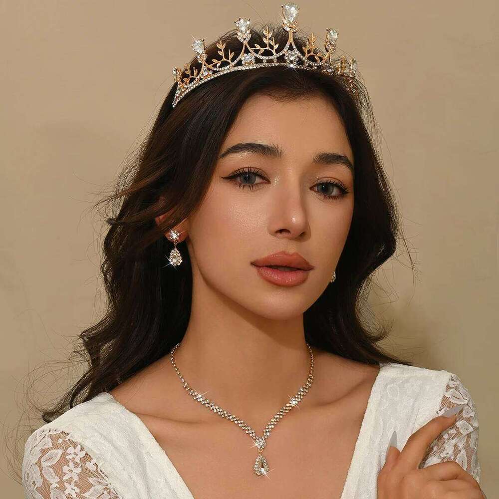 Ladies' Fashion Waterdrop Geometric Flowers Gorgeous and Elegant Crown Necklace Earrings Jewelry Set Z260313