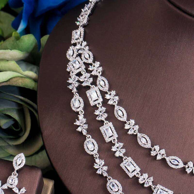 ThreeGraces Brilliant White Cubic Zirconia 3 Layers Big Nacklace Earrings Bridal Wedding Engagemen Jewelry Set for Women TZ542 Z260313