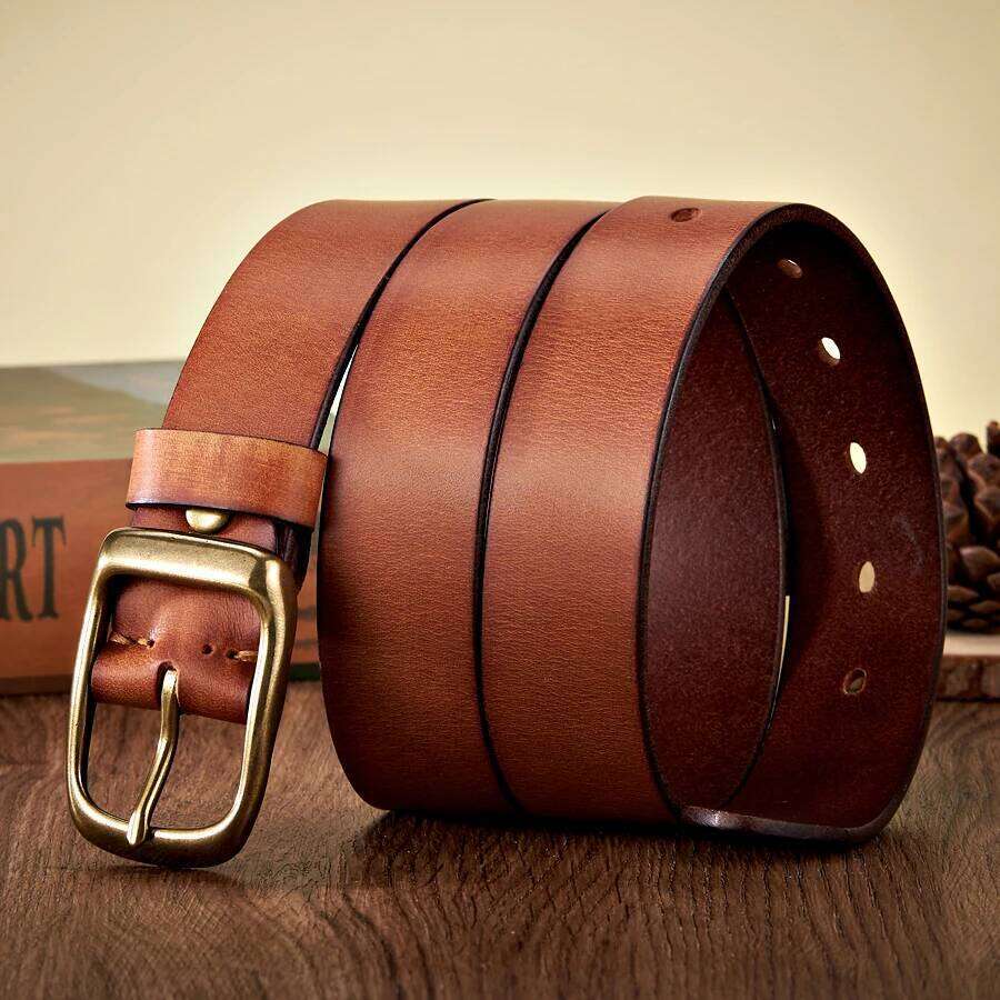 3.3CM High Quality Natural Cowskin Genuine Leather Belt Men Casual Copper Buckle Business Male Strap For Jeans Cowboy Cintos Z260226