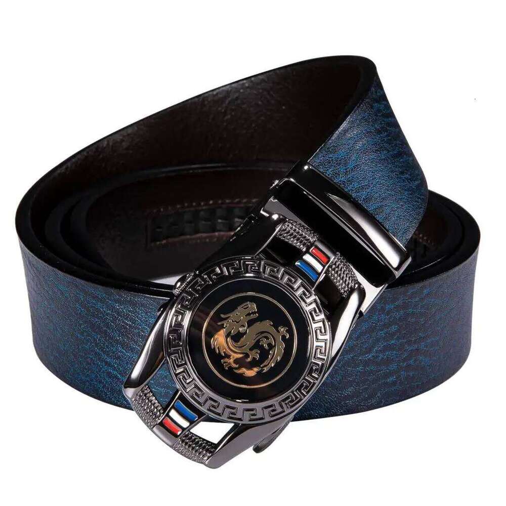 Hi-Tie Navy Blue Genuine Leather Mens Belts Dragon Automatic Buckles Ratchet Adult Waist Belt for Men Dress Jeans Adjustable XXL Z260226