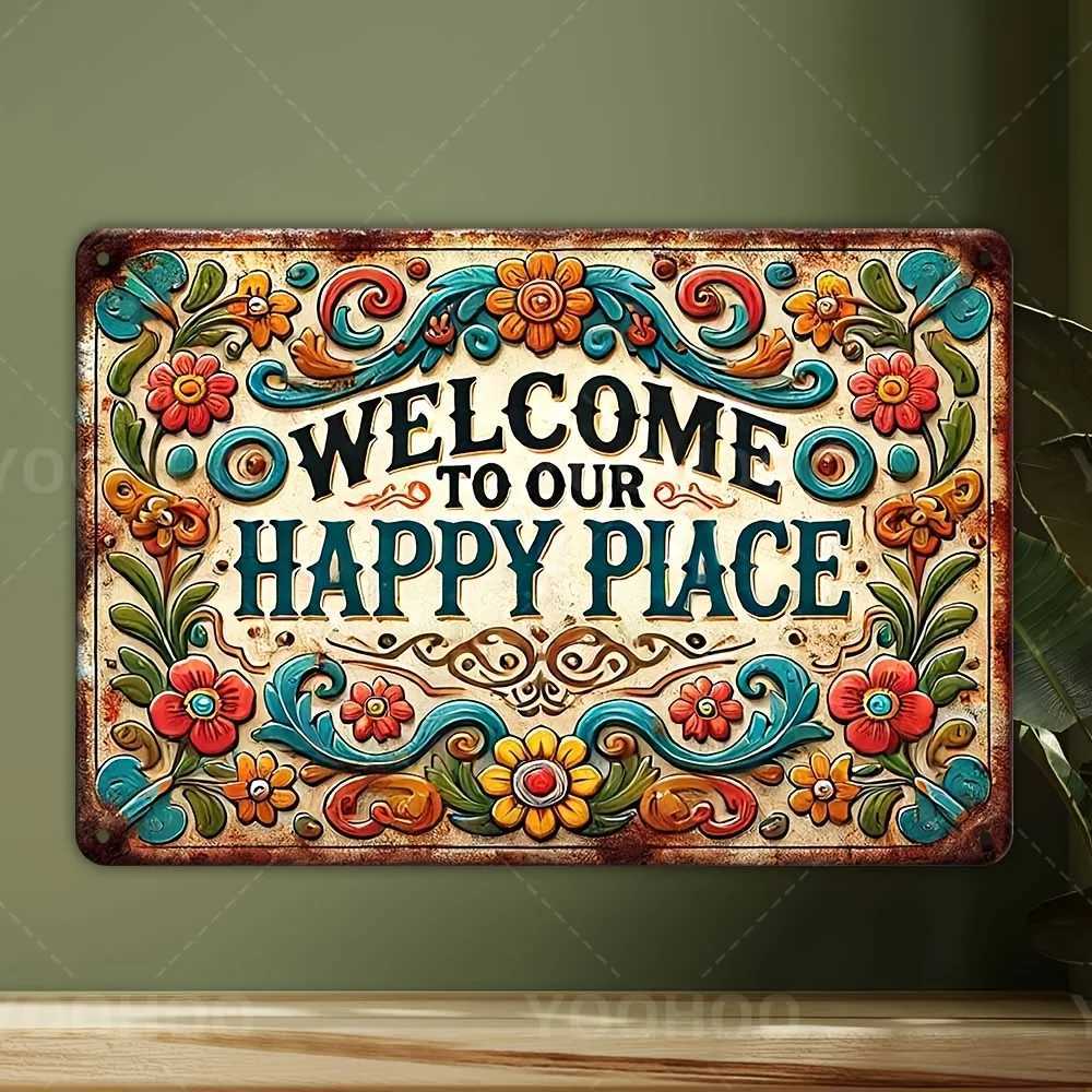 Welcome to Our Happy Place Aluminum Sign - Rustic Vintage Wall Decor with Colorful Floral Design Durable Metal Home Entrywa D260314