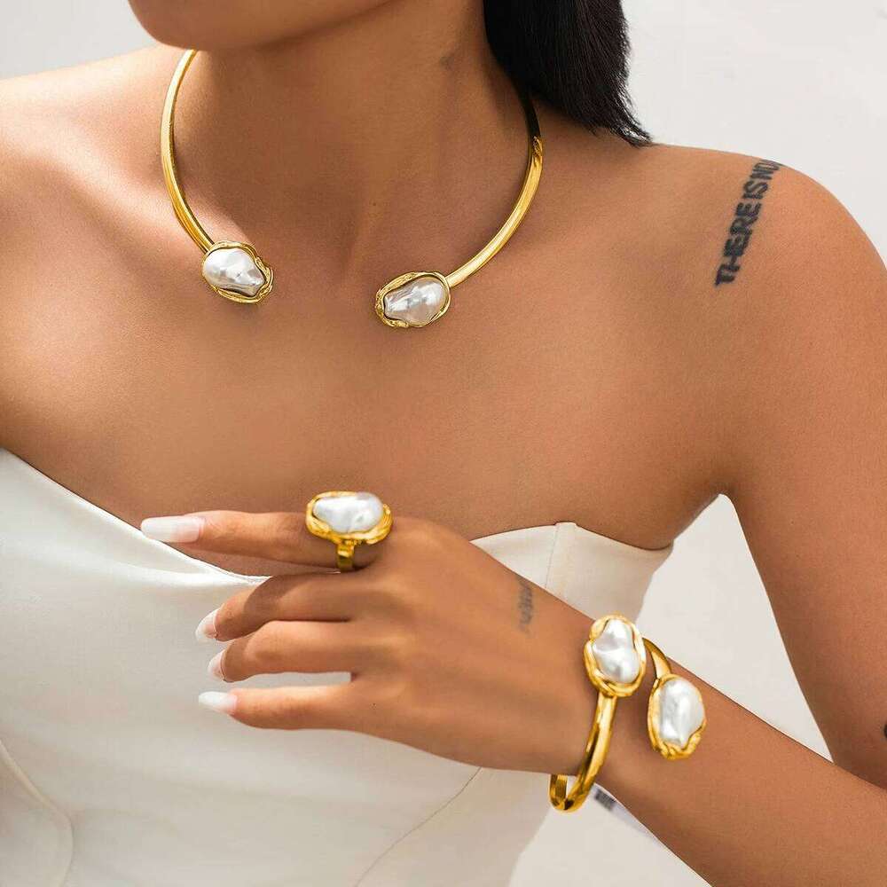 KunJoe Elegant Baroque Imitation Pearl Choker Necklace Bangles Ring Jewelry Set Women Chunky Circle Open Torques Collar Bracelet Z260313