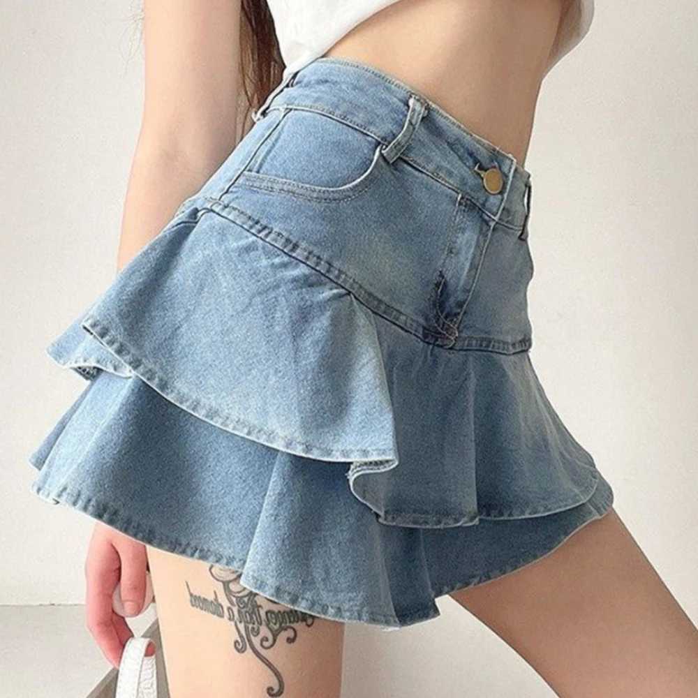 Vintage Denim Skirt Shorts Women Summer Korean Fashion High Waist A-line Wash Blue Slim Cute Sexy Mini Jeans Ruffle Skirt Female M260314