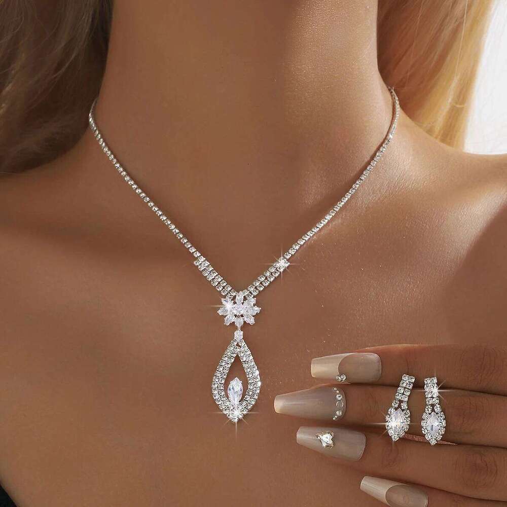 3PC Women's Fashion Water Diamond Claw Chain Geometric Flower Necklace Earrings Jewelry Set Wedding Party Festival Gift Z260313