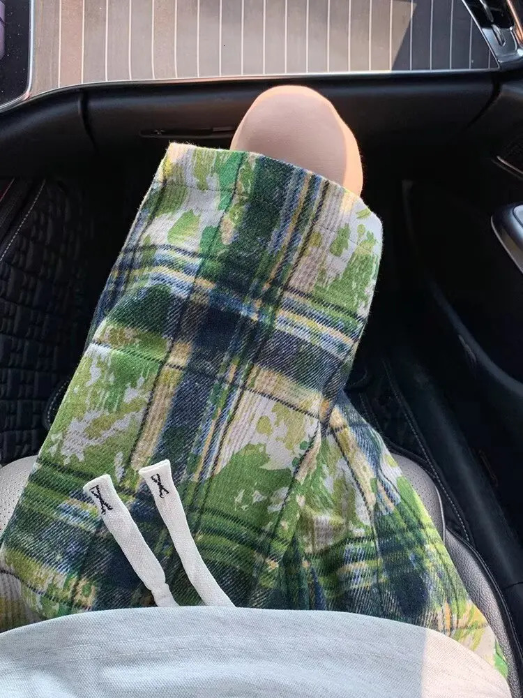 Green Tie-dye Plaid Shorts Mens Summer American Retro Large Size Loose Five-point Pants Trendy Sports Casual Pants Jorts Boxing 260311