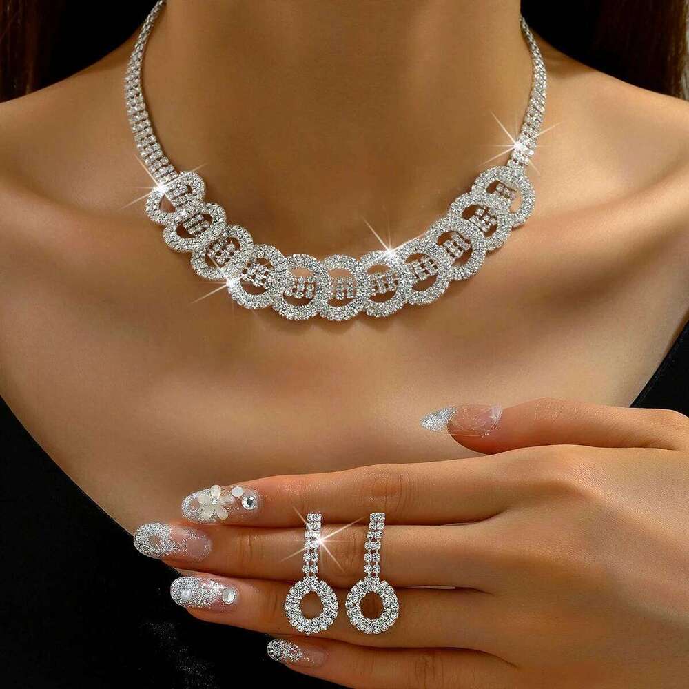 3pcs Fashion with Rhinestone Inlaid Round Necklace Earrings Jewelry Set Suitable for Women's Party Accessories Z260313