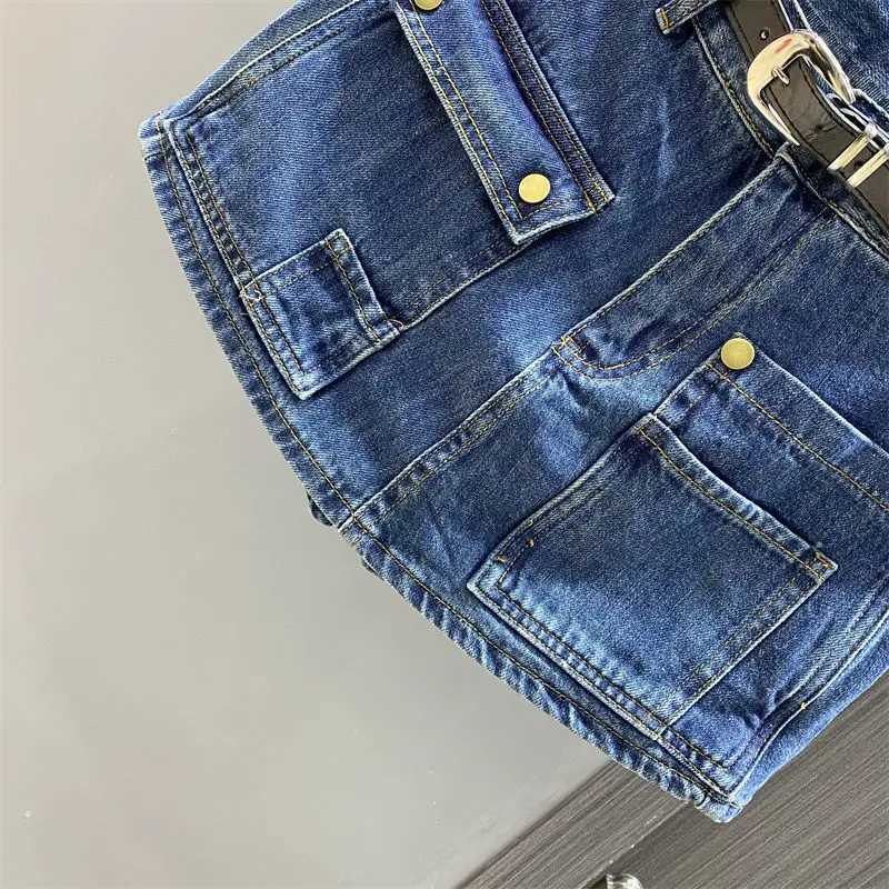 Dark Denim Short Skirt Womens High-waisted Culottes Summer New Tooling Wide-leg A-word Shorts Skirt M260314