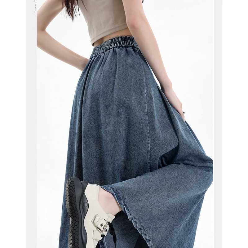 Retro Light Blue Pleated Denim Skirt for Womens 2026 New Design Sense Button Elastic High Waist A-line Mid-length Half Skirts M260314