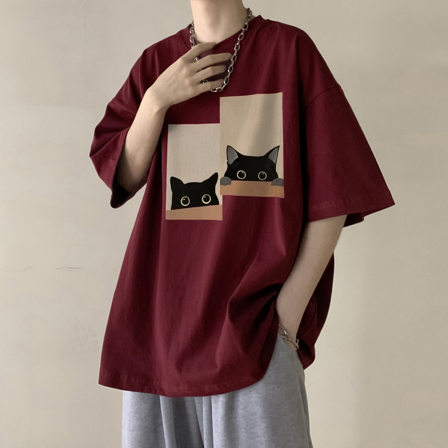 Wine Red Oversized Short Polo Sleeve Designer T-shirt For Men Designer Hoodie Summer New Loose Fit For Couples And Teenagers
