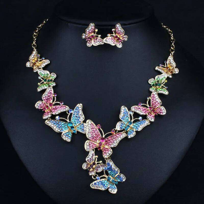 Zlxgirl Hot sale colorful Butterfly bridal jewelry sets perfect rhinestone crystal wedding necklace with earring bijoux Z260313