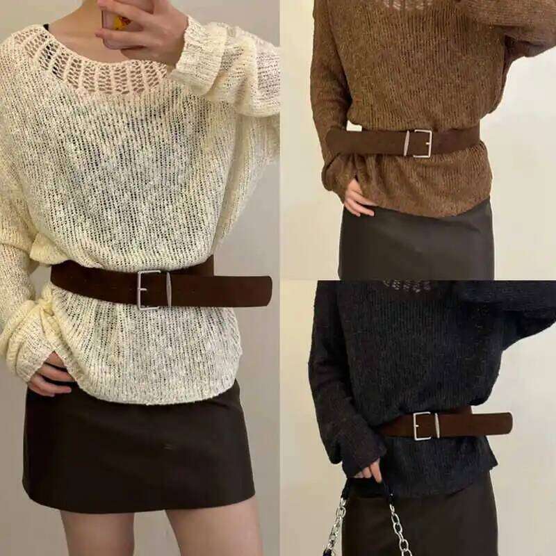 Elegant Women's Suede Leather Belt with Square Silver Buckle Ladies Versatile Girdle for Dresses Sweaters Coats Z260226